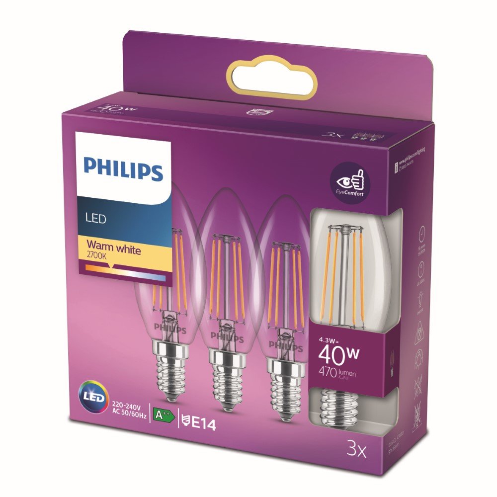 Philips 4,3W - E14 - 2700K - 470 lumen set van 3 - 929001889759
