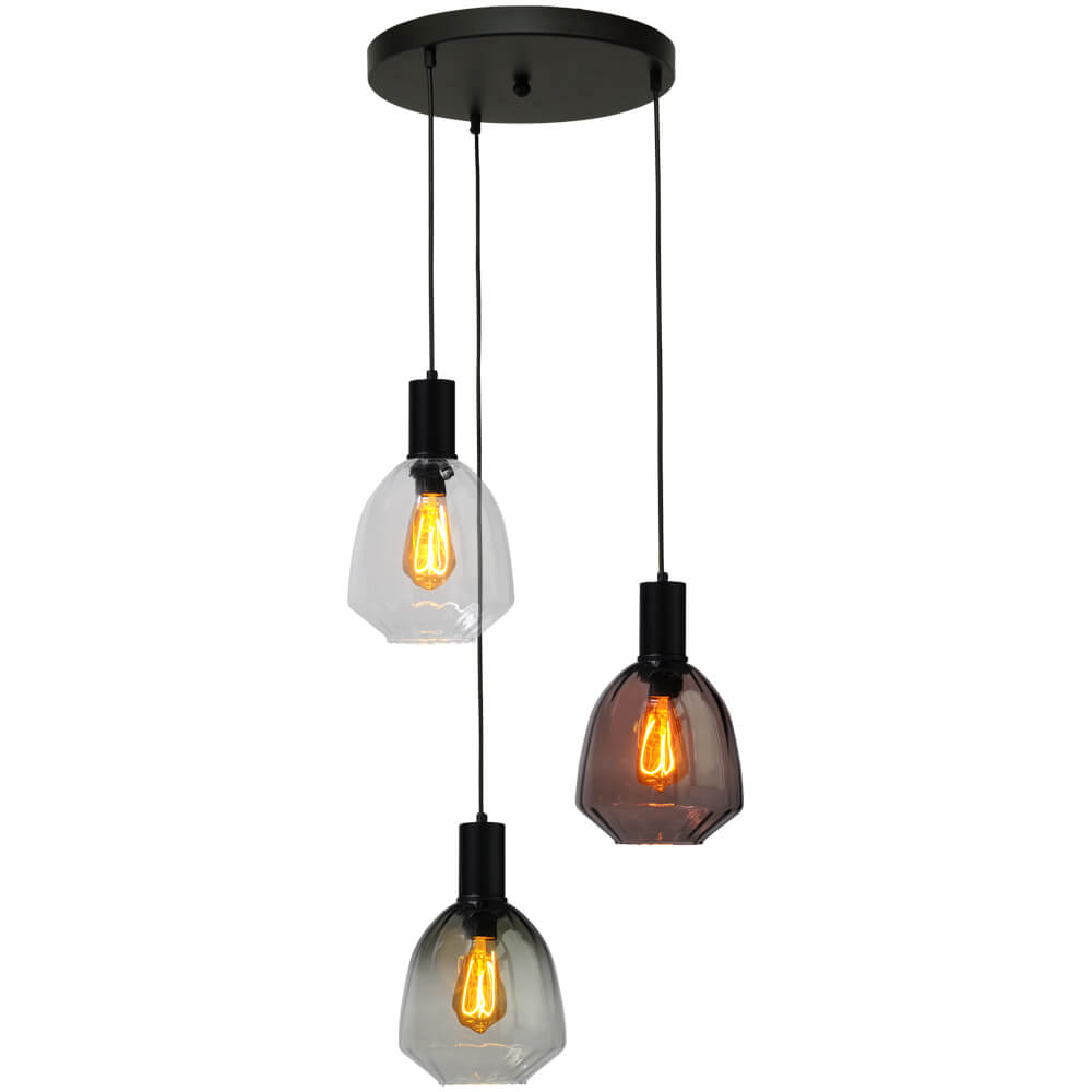 Masterlight 3-lichts vide hanglamp - zwart - Porto met Nicolette glazen - 2712-05-05-35-3-234
