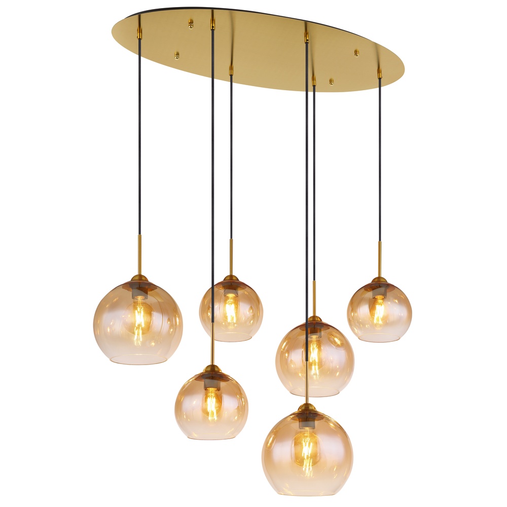 Globo Gouden hanglamp Jamessa 6-lichts met amber glas - 15788-6H