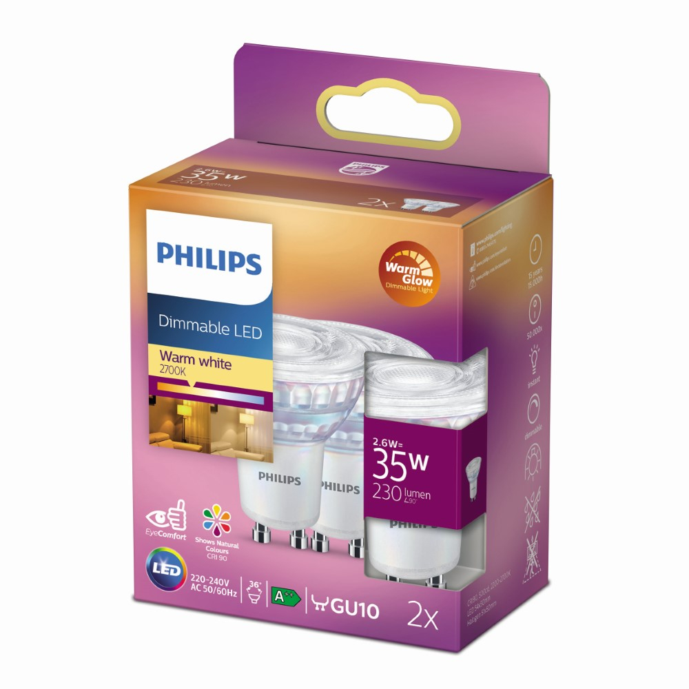 Philips 2,6W - GU10 - 2200-2700K - 230 lumen set van 2 - 929002065518 afbeelding