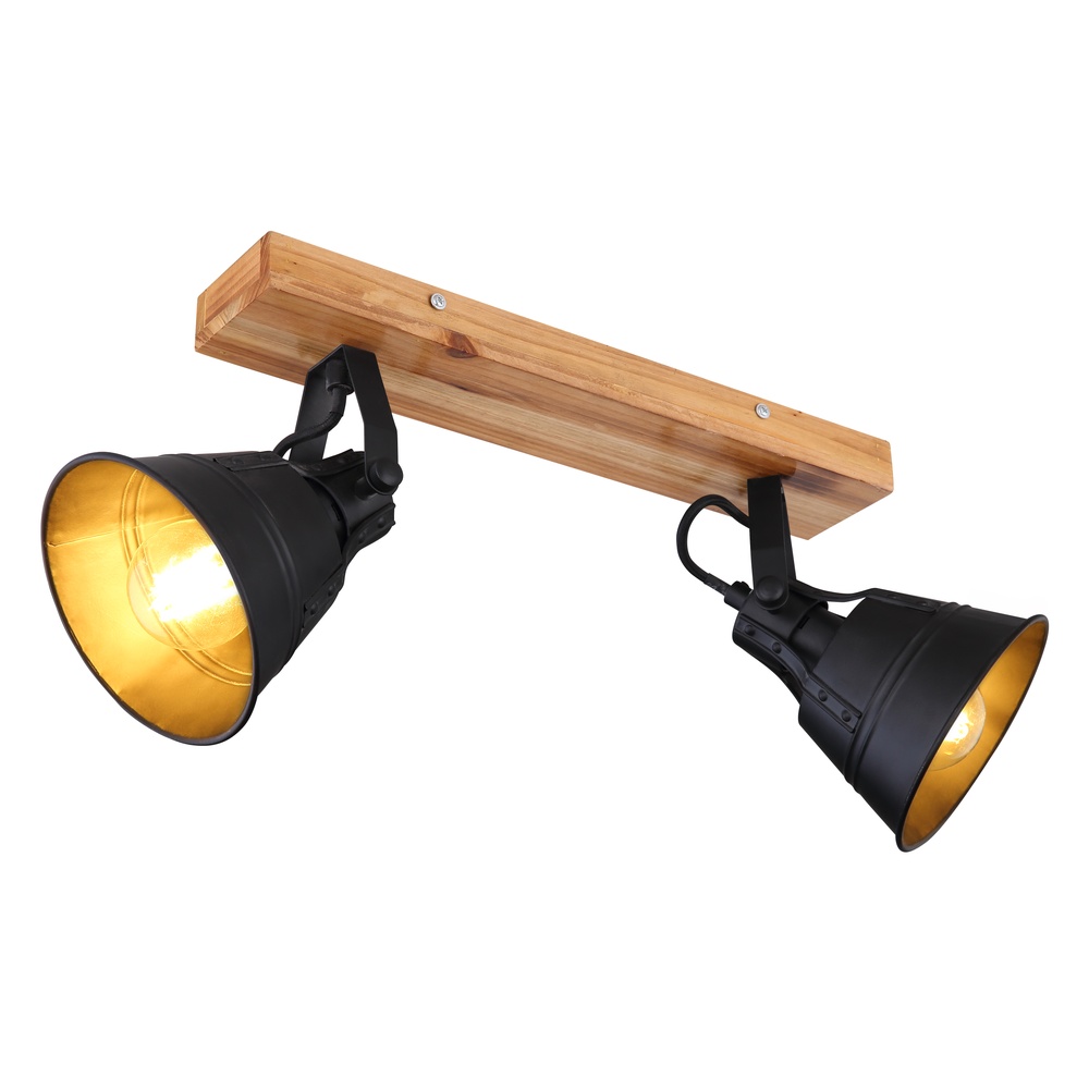 Globo Landelijke plafondlamp Gunther 2-lichts zwart met hout - 15466S-2