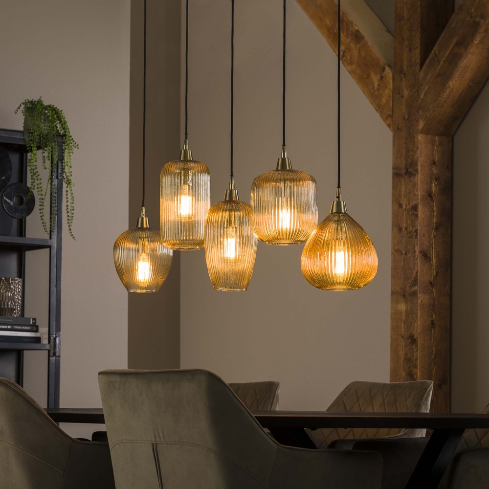 Lyora 5-licht glazen hanglampStripe met amber glas - 7084/39A