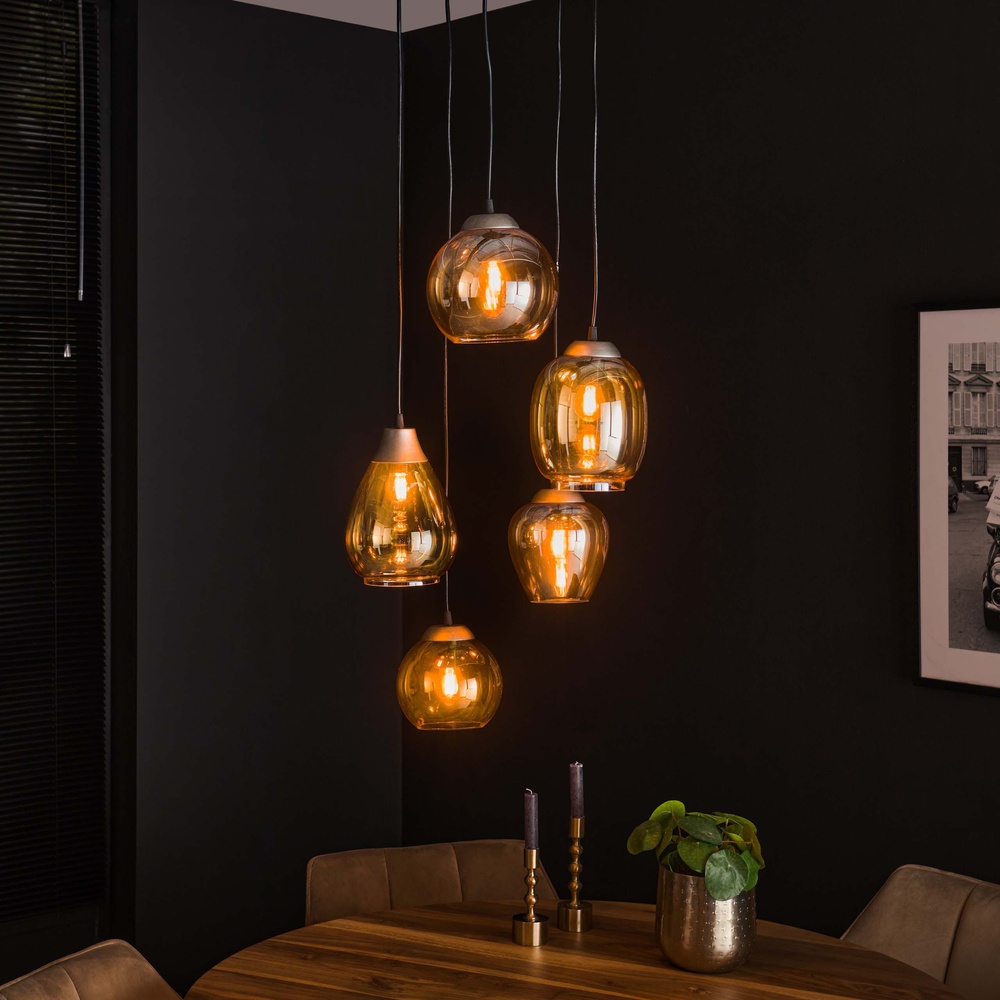 Lyora Eettafel hanglamp Mix 5x E27 - Ø 43cm - amber glas - 7881/39A