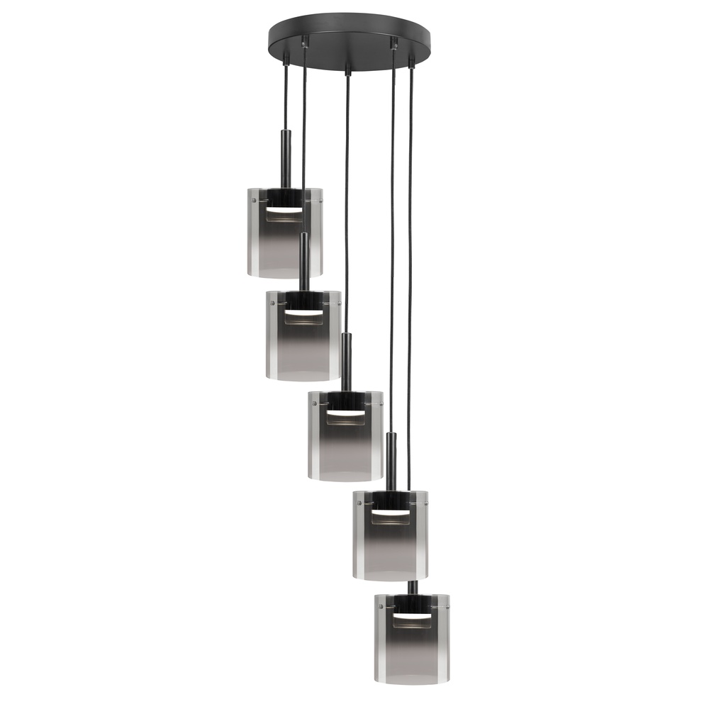 Highlight 5-lichts hanglampSalerno rond zwart met smoke glas - H5429.01