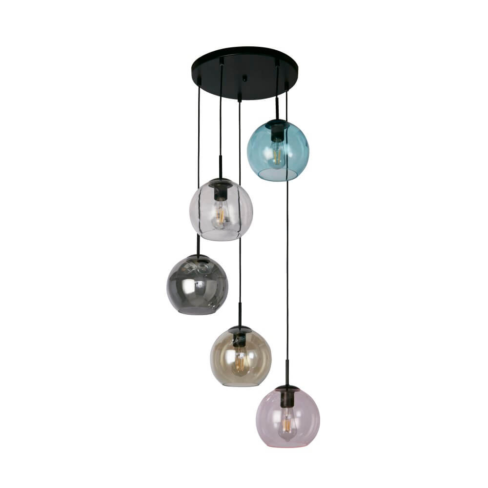 Searchlight 5-lichts hanglamp Mardi Gras II met meerdere kleuren glas - 94005-5BK