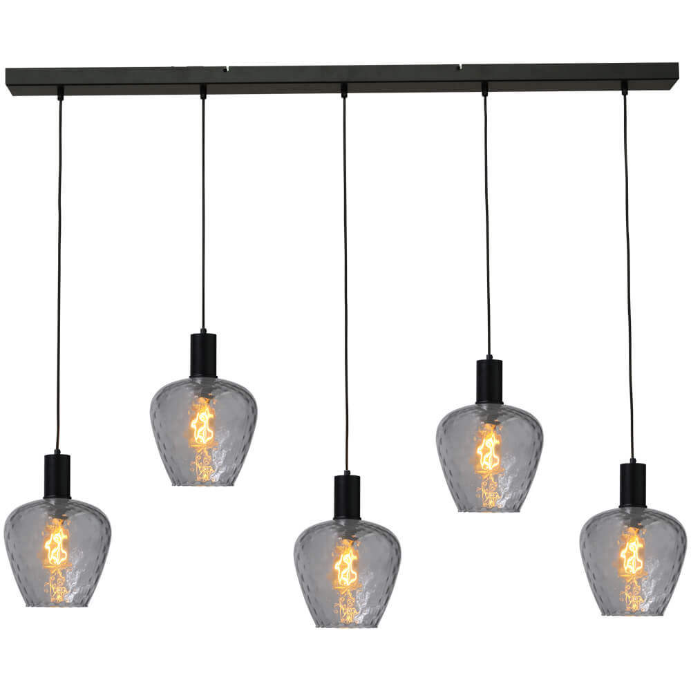 Masterlight 5-lichts hanglamp - zwart -Porto met Diamond smoke glazen - 2711-05-05-130-5-5