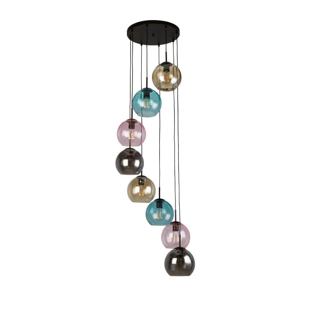 Searchlight 8-lichts hanglampMardi Gras II met meerder kleuren glas - 94008-8BK