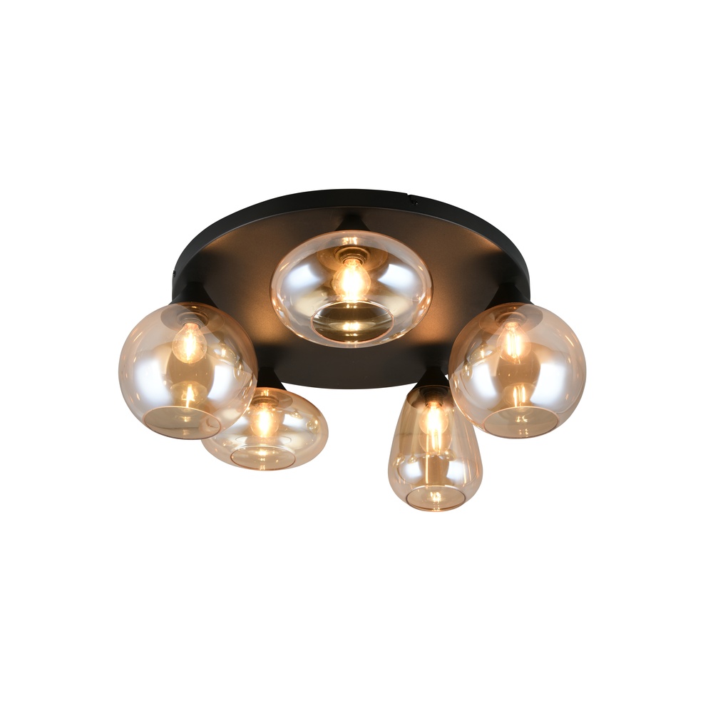 Trio 5-lichts plafondlamp Lumina zwart met amber glas - 617030513