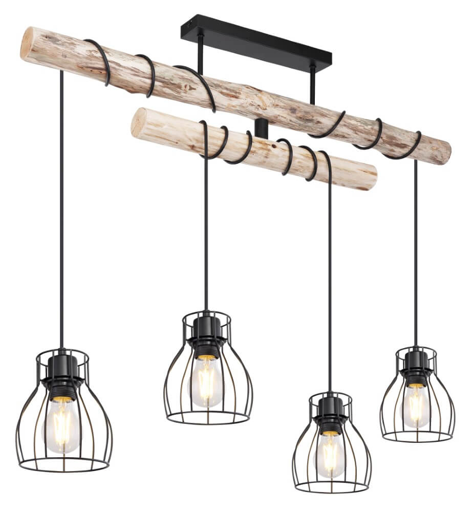 Globo Hanglamp Mina zwart met hout 4-lichts variërend - 15326-4D