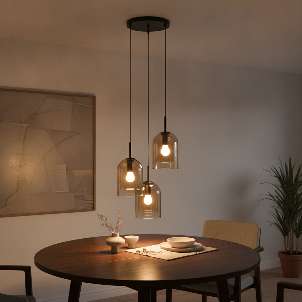 Lyora Hanglamp Velor 3-lichts zwart met amber glas rond - 110656