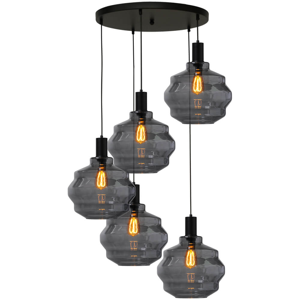 Masterlight 5-lichts vide hanglamp - zwart - Porto met Ball smoke glazen - Ø 30cm - 2712-05-05-50-5-4