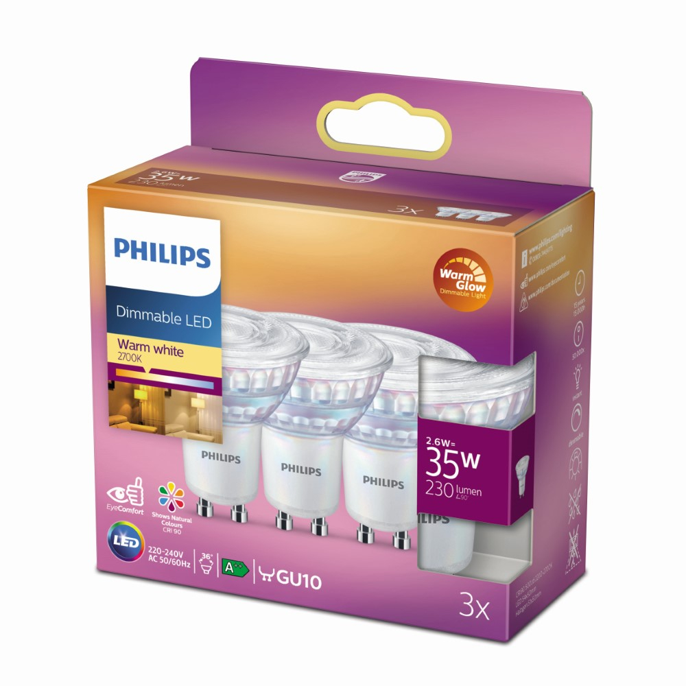 Philips 2,6W - GU10 - 2200-2700K - 230 lumen set van 3 - 929002065556