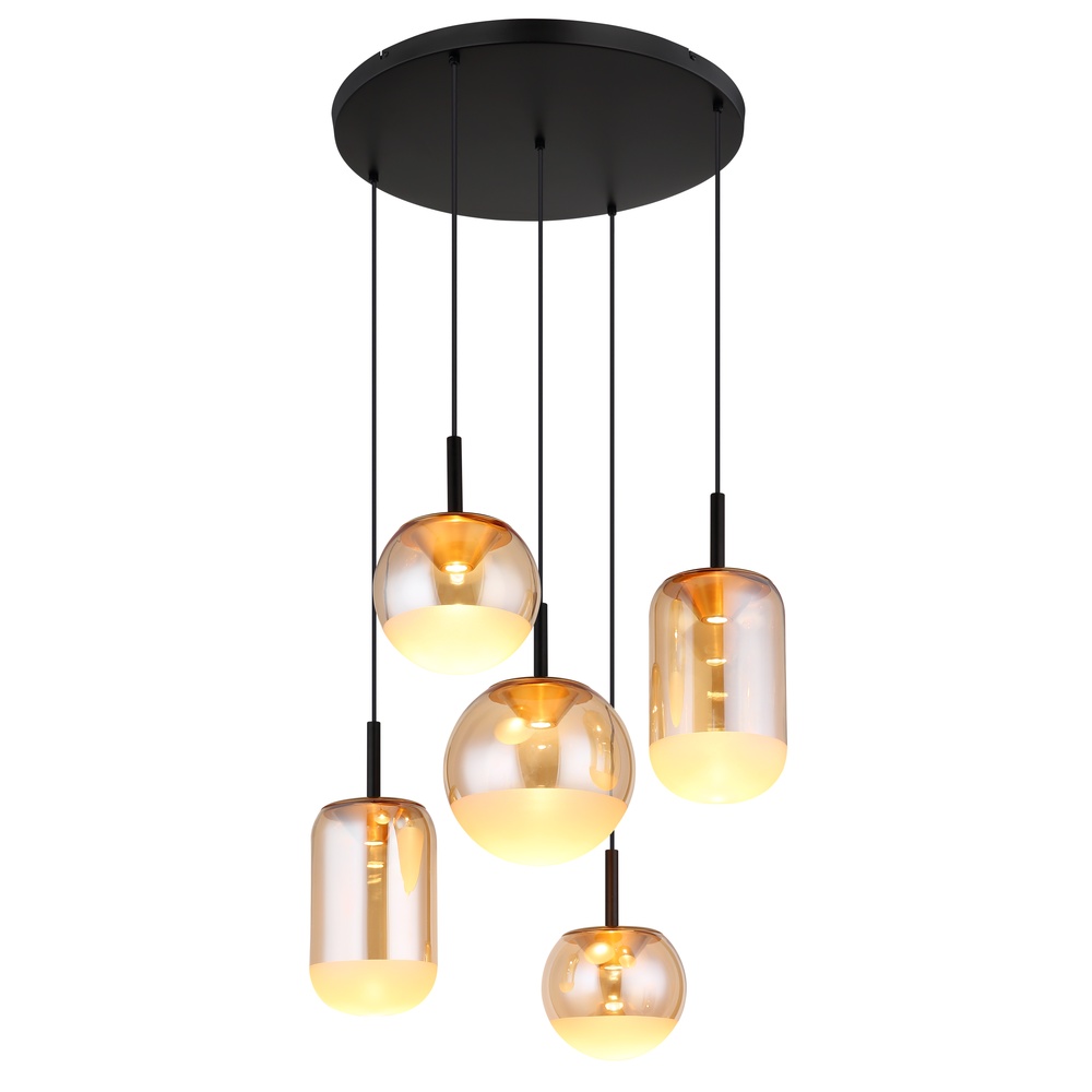 Globo Design hanglamp Severin 5-lichts zwart met amber glas - 16057-5H