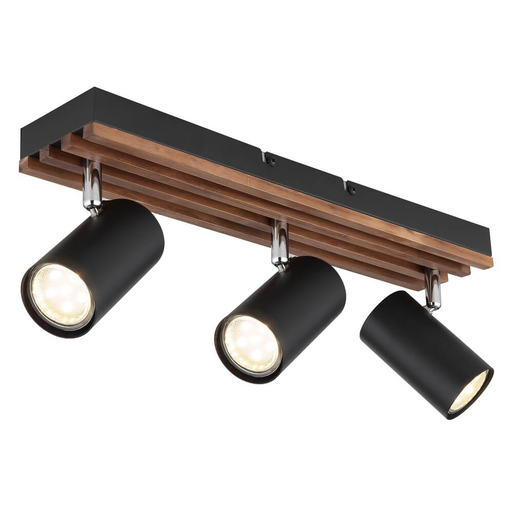 Globo Plafondlamp Kayden 3-lichts zwart met hout - 57909-3