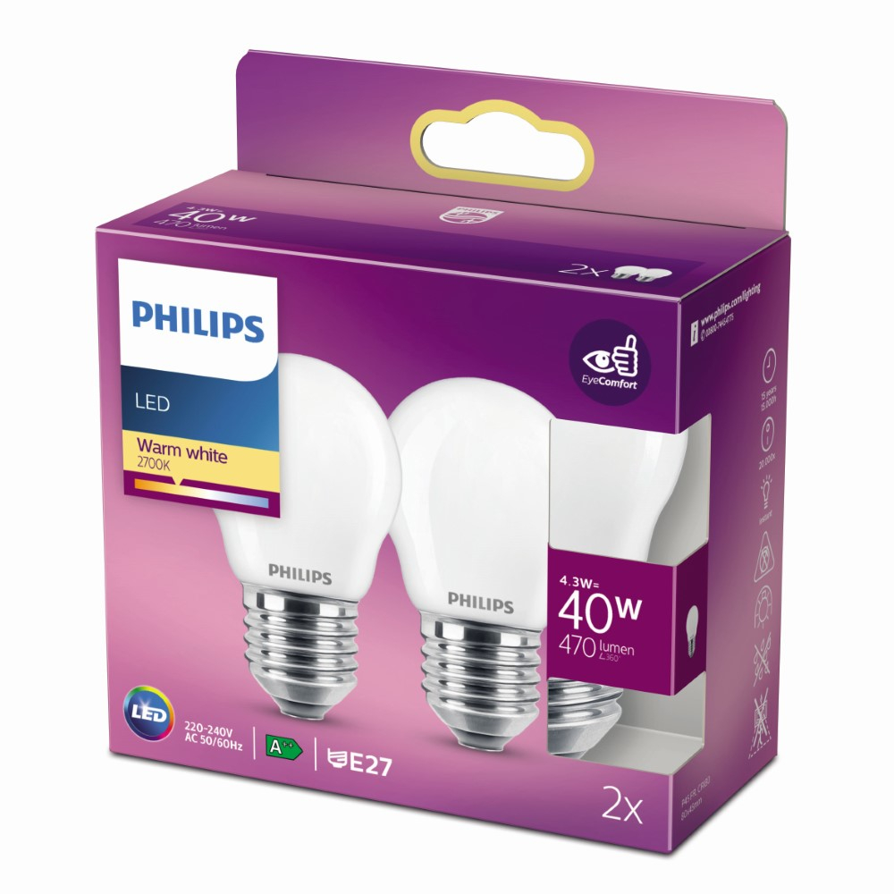 Philips Lichtbron kogel4,3W - E27 - 2700K - 470 lumen set van 2 wit - 929004590555
