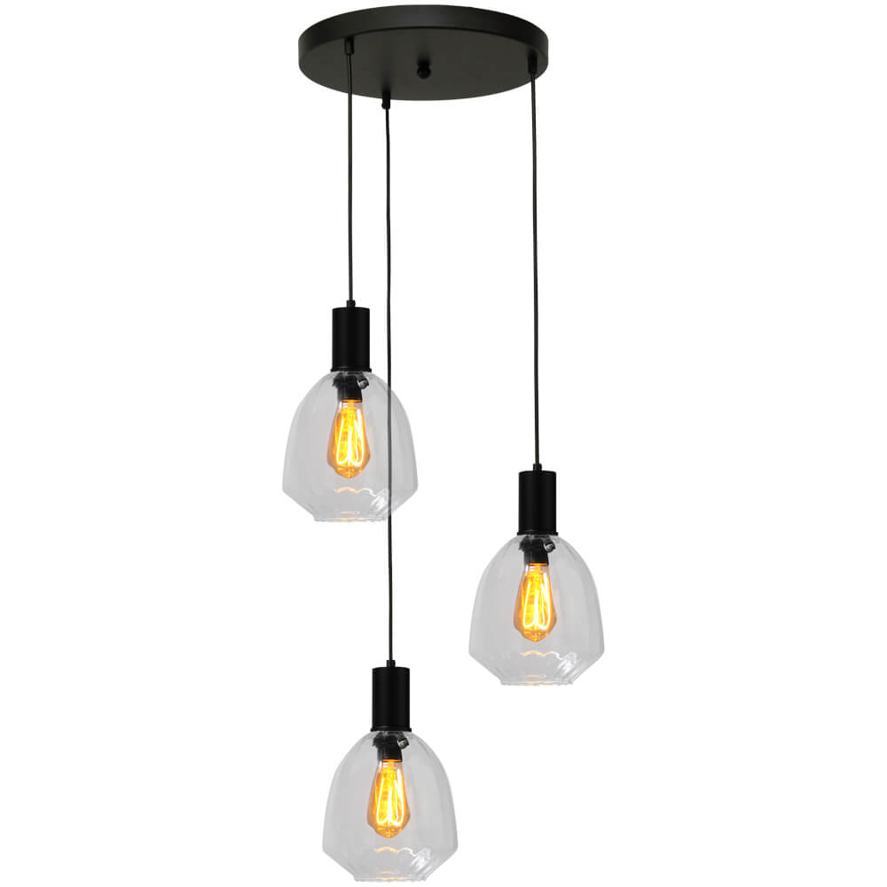 Masterlight 3-lichts vide hanglamp - zwart - Porto met Nicolette clear glazen - 2712-05-05-35-3-12
