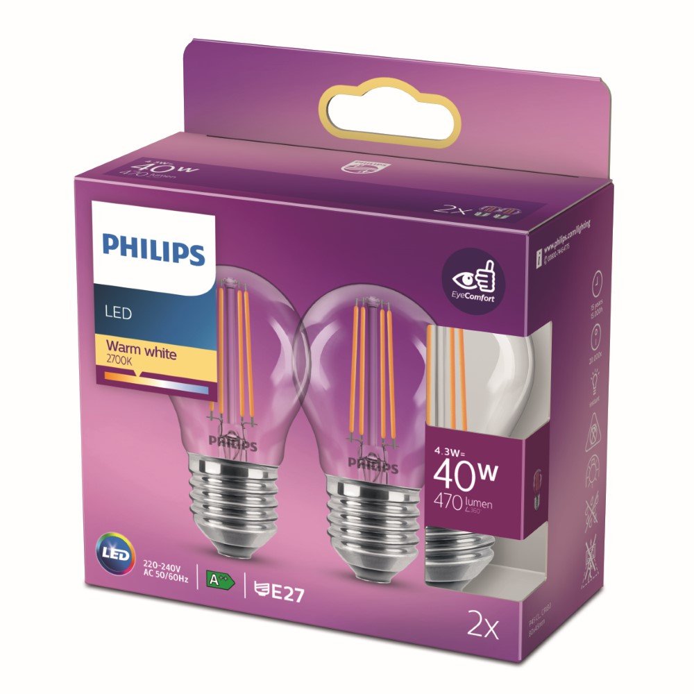 Philips Lichtbron kogel4,3W - E27 - 2700K - 470 lumen set van 2 transparant - 929004590455