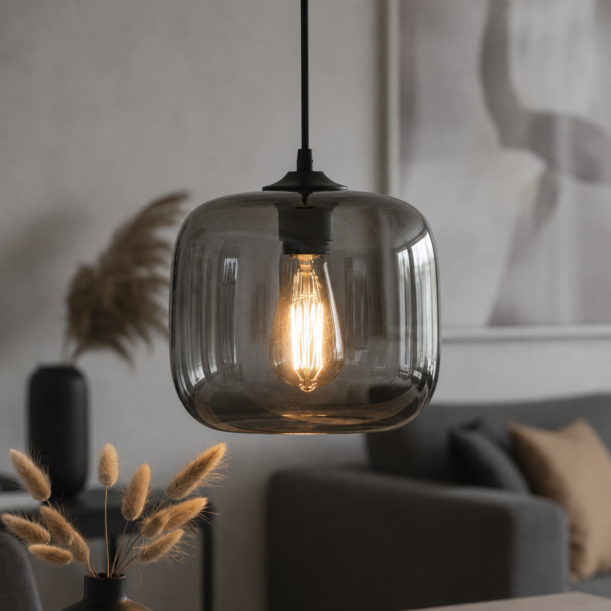 Artdelight Hanglamp Preston grijs glas Ø 24cm - HL PRESTON-24 GR