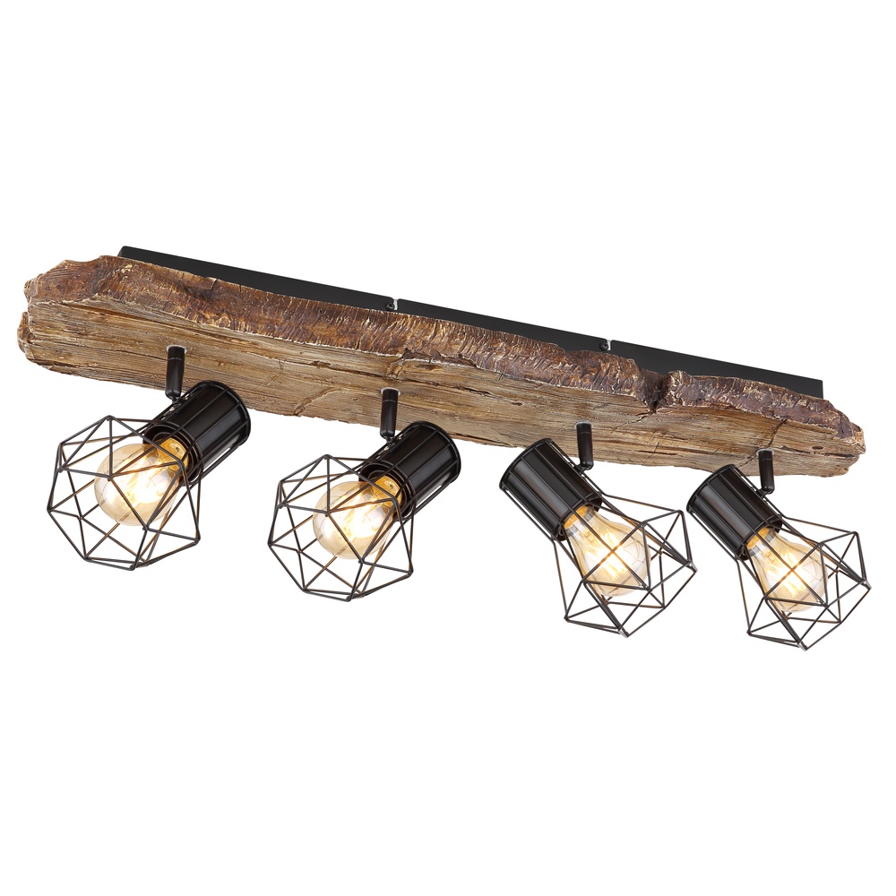 Globo Plafondlamp Priska 4-lichts zwart met hout - 54017W-4