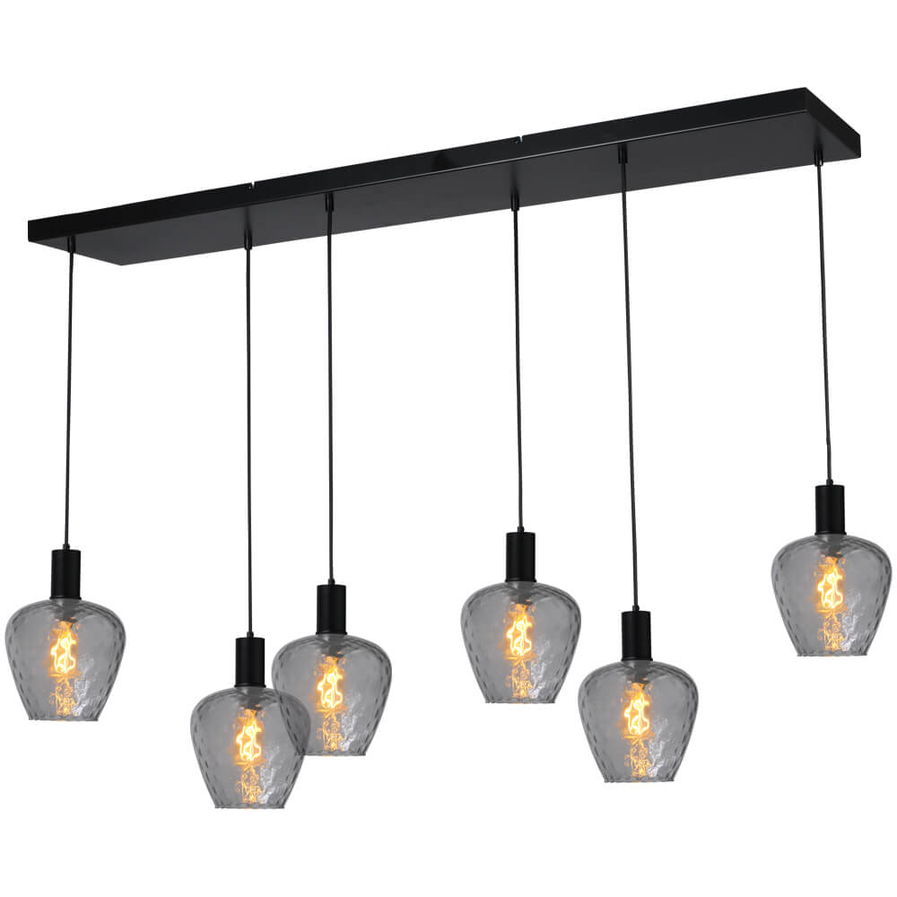 Masterlight 6-lichts hanglamp - zwart - Porto met Diamond smoke glazen - 2711-05-05-130-25-65