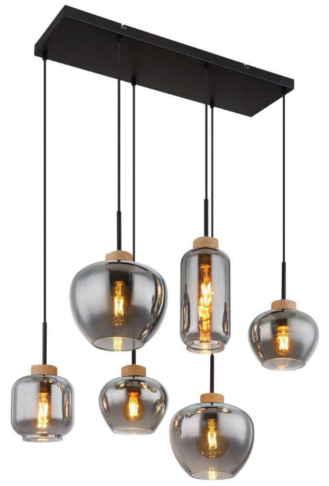 Globo 6-lichts hanglamp Matt zwart met hout - 15549-6H