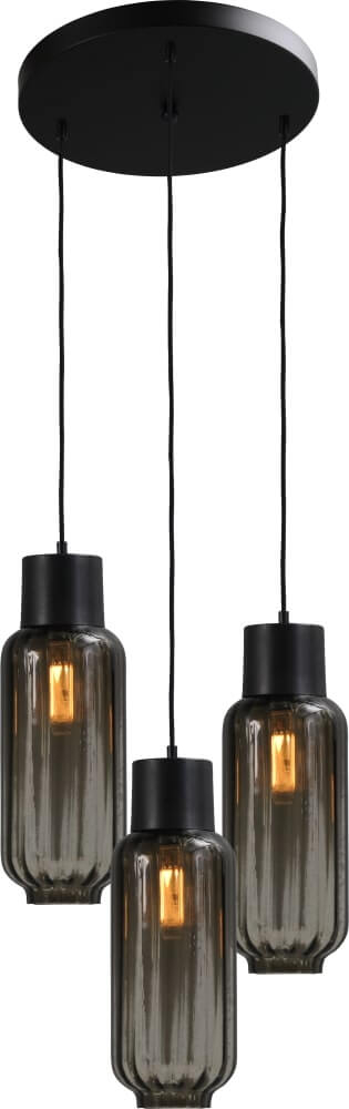 Masterlight Zwarte design hanglamp Lett ll 3-lichts smoke glas - 2157-05-05-35-3