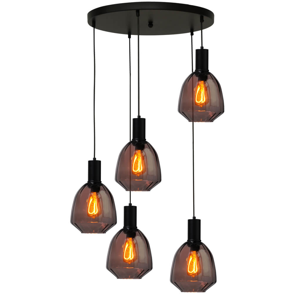 Masterlight 5-lichts vide hanglamp - zwart - Porto met Nicolette red glazen - 2712-05-05-50-5-13
