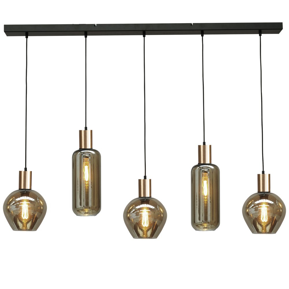 Masterlight Hanglamp zwart met goudBounty 5-lichts curiosa glas - 2471-05-02-130-5-35