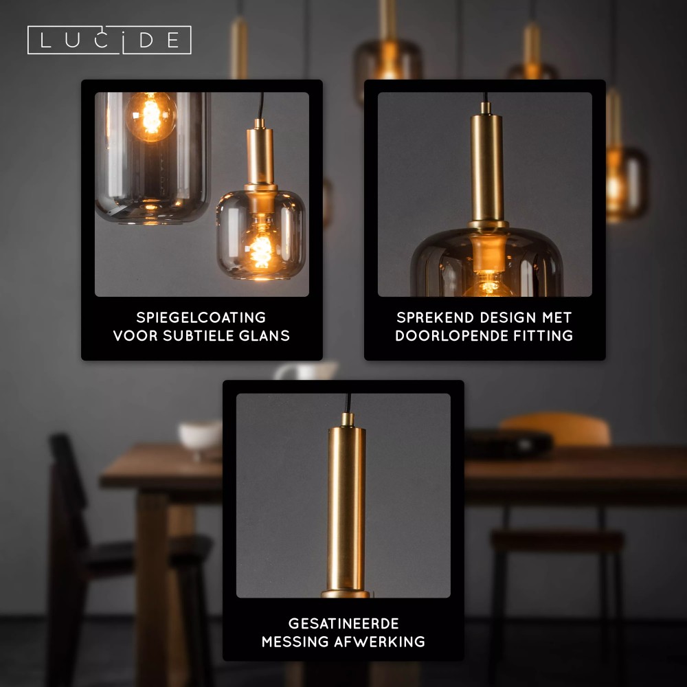 6-lichts hanglamp Joanet recht goud met smoke glas Lucide 5411212451446