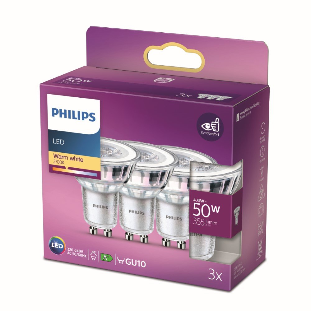 Philips 4,6W - GU10 - 2700K - 355 lumen set van 3 - 929001215256