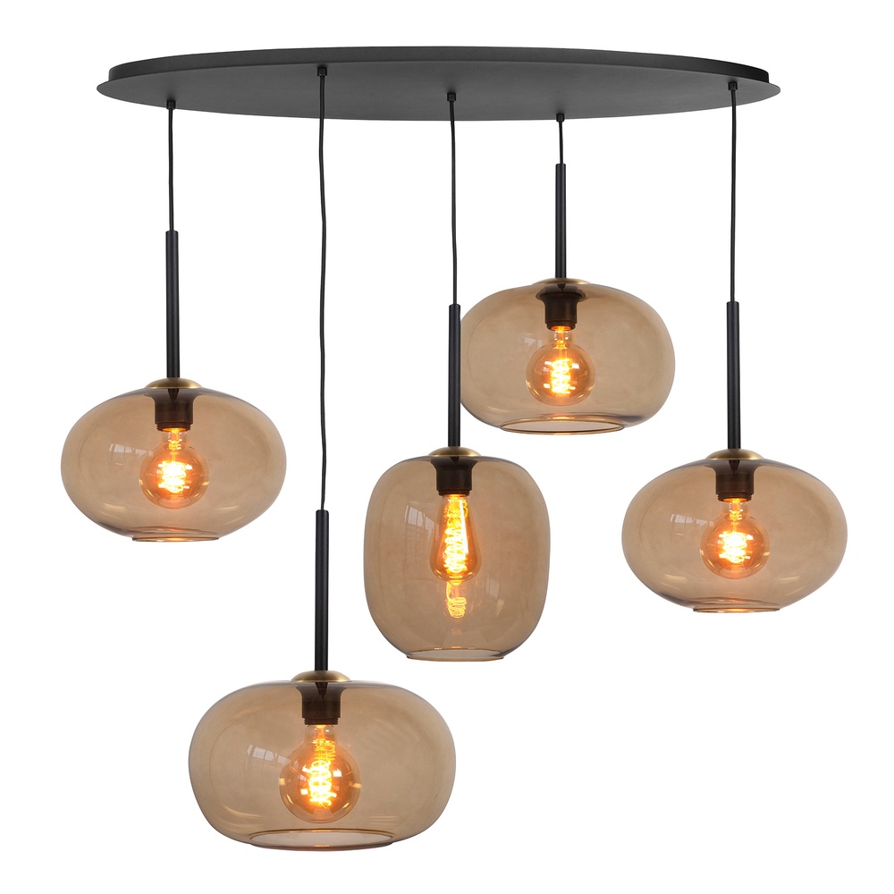 Highlight Hanglamp Bellini zwart met bruin glas 5-lichts - H5474.02
