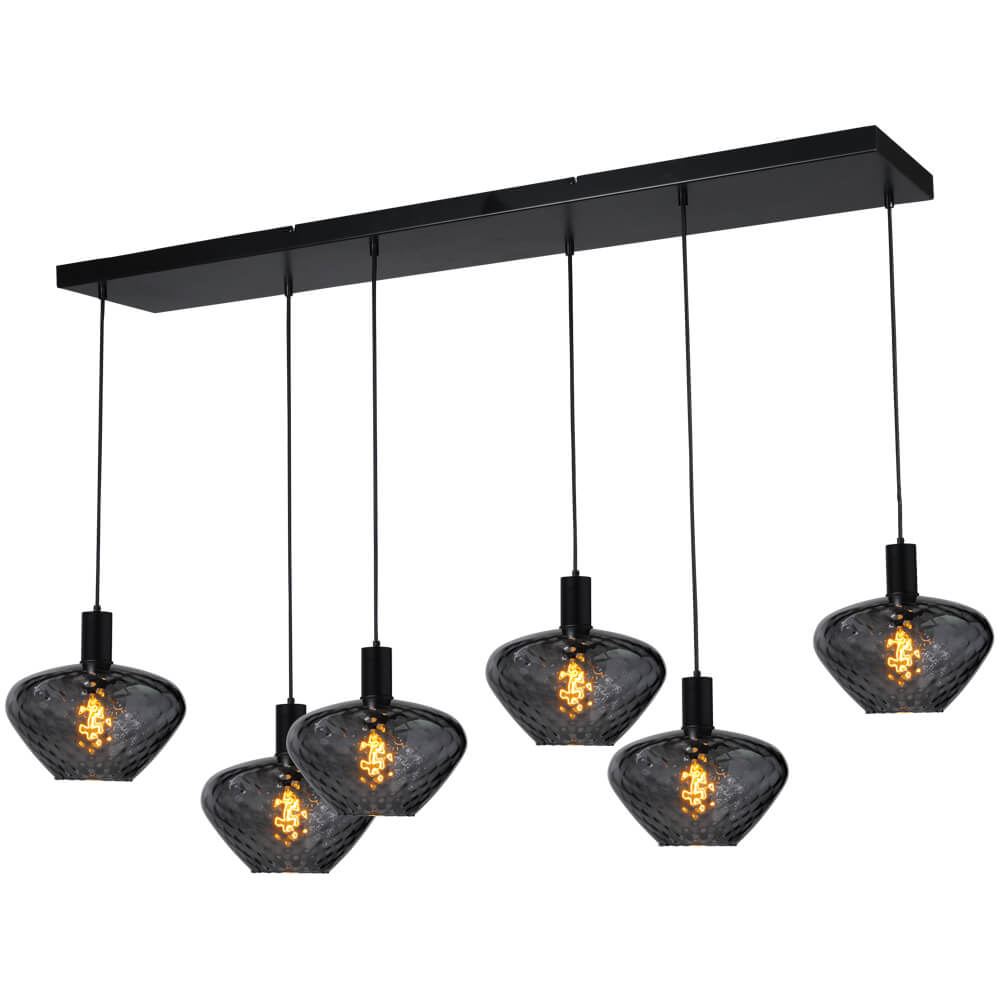 Masterlight 6-lichts hanglamp - zwart -Porto met Blossom smoke glazen - 2711-05-05-130-25-68