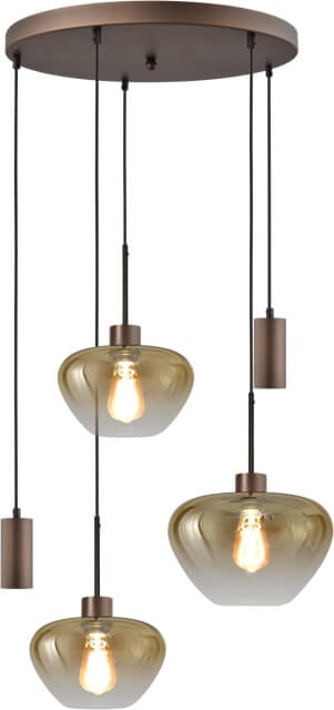 Masterlight 5-lichts hanglamp Genua bruin met 2x goud glas Ø 24cm - 1x Ø 29cm en 2x pendel - 2972-15-15-50-5MC249