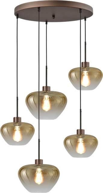 Masterlight 5-lichts hanglamp Genua bruin met 3x goud glas Ø 24cm en 2x Ø 29cm - 2972-15-15-50-5-2429