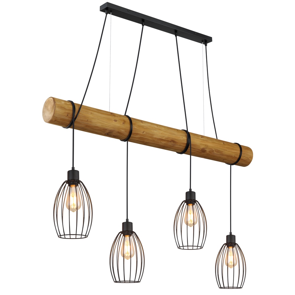 Globo Landelijke hanglamp Berti 4-lichts hout met zwart - 30250446