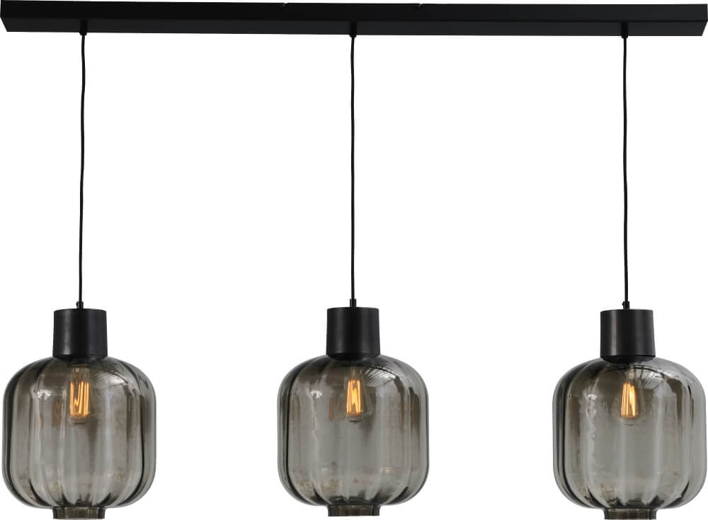 Masterlight EetkamerlampLett lll 28 3-lichts zwart met smoke glas - 2161-05-05-28-130-3