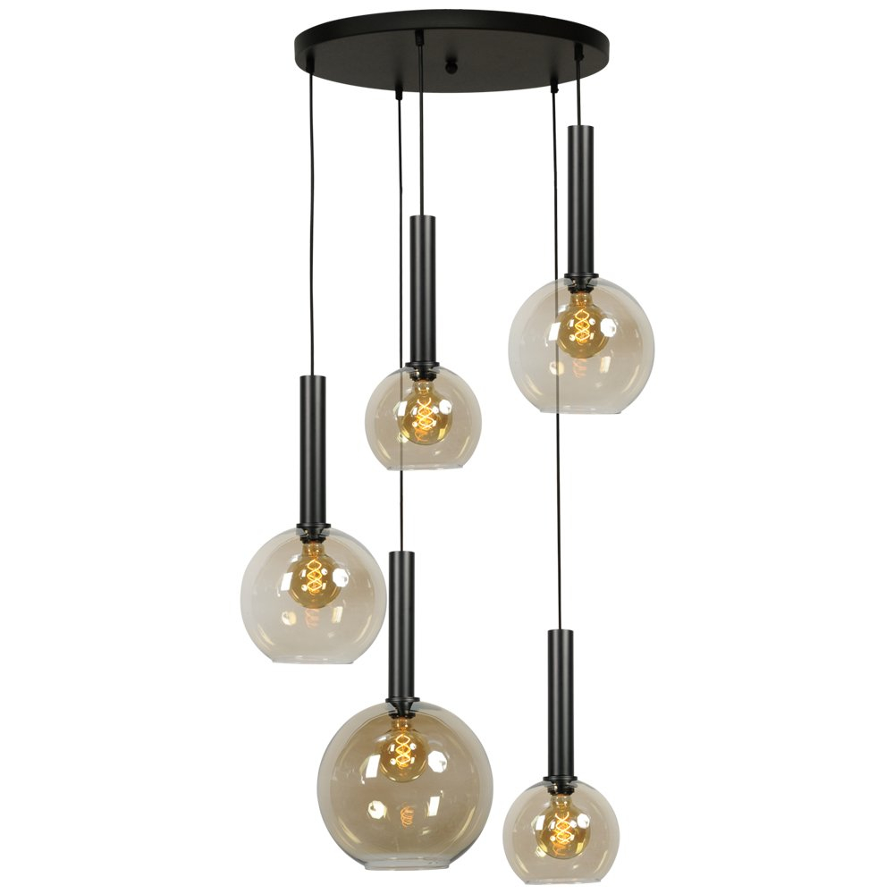 Masterlight Zwarte hanglamp Bella 5-lichts met glasbollen - 2982-05-05-50-5-221