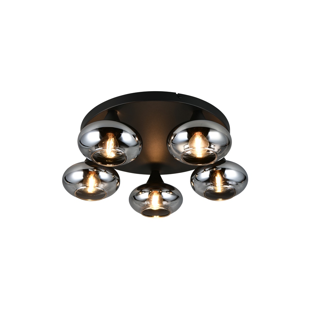 Trio Plafondlamp Divina 5-lichts zwart met smoke glas - R66645054