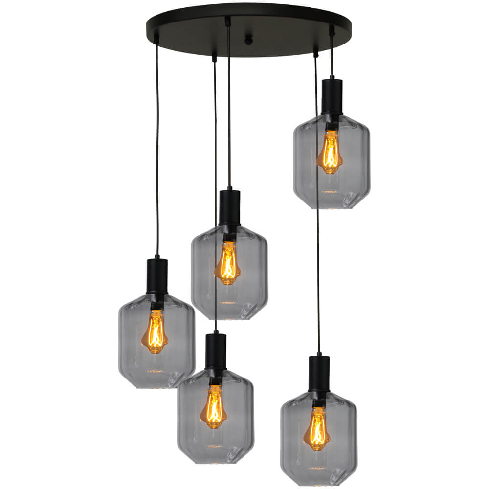 Masterlight 5-lichts vide hanglamp - zwart -Porto met Jagger smoke glazen - 2712-05-05-50-5-11