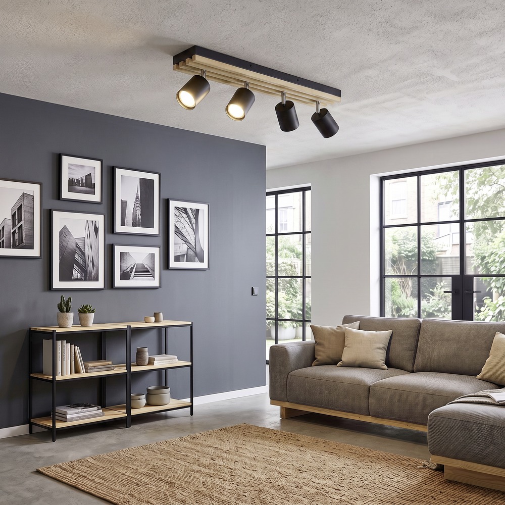 Moderne spot Cembrano 4-lichts zwart met hout Eglo 9008606389063