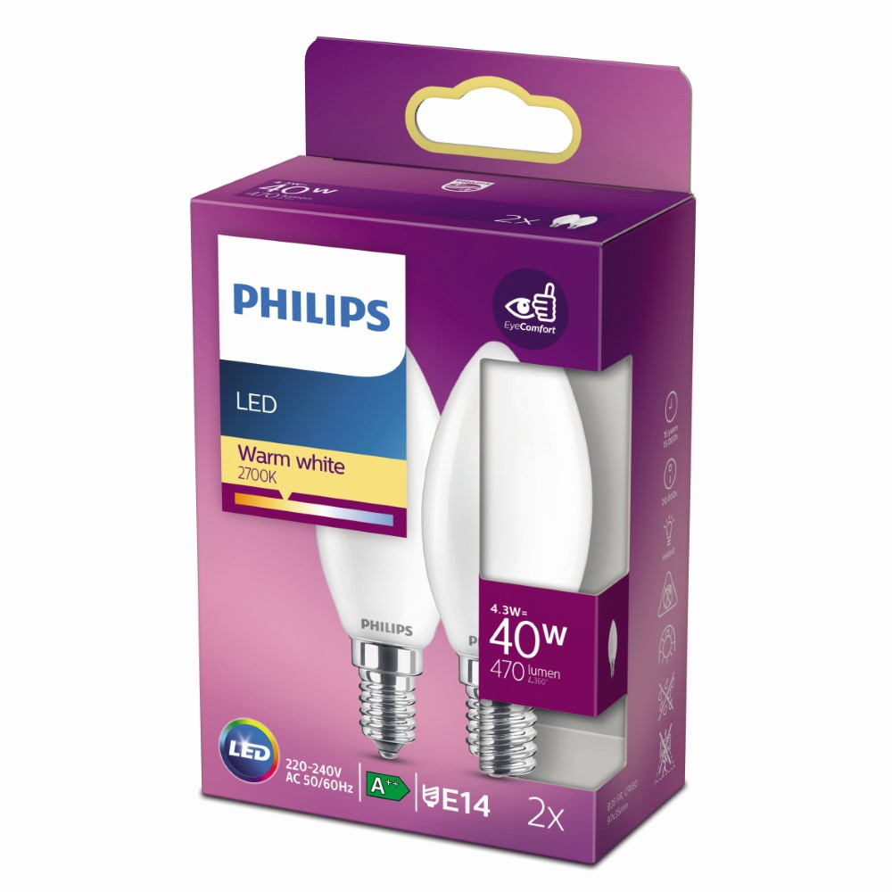 Philips Lichtbron kaars4,3W - E14 - 2700K - 470 lumen set van 2 wit - 929001345367
