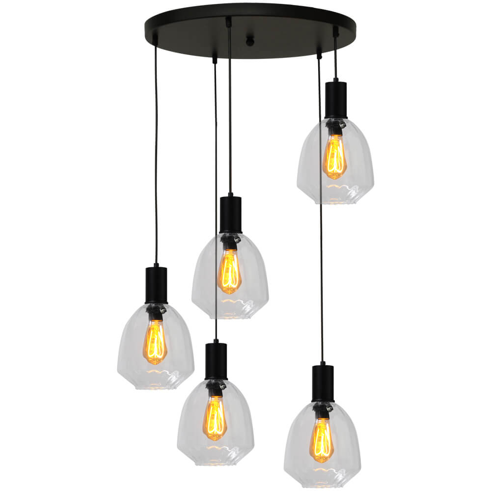 Masterlight 5-lichts vide hanglamp - zwart - Porto met Nicolette clear glazen - 2712-05-05-50-5-12