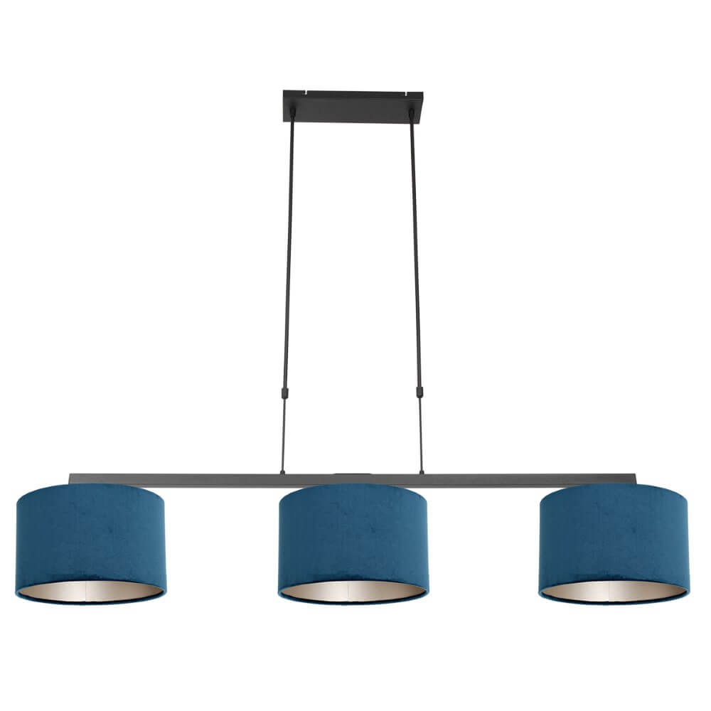 Steinhauer Zwarte hanglampStang met blauwe velours kappen - 3464ZW