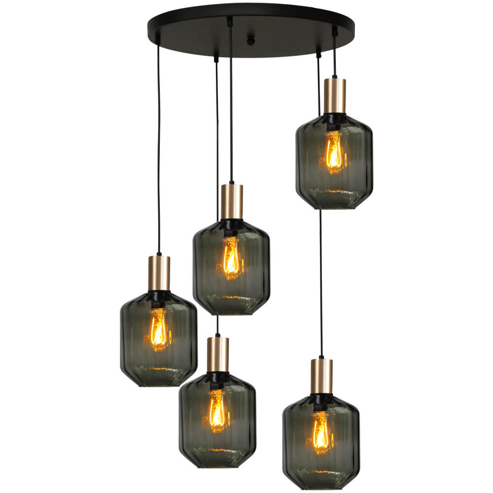 Masterlight 5-lichts vide hanglamp - goud - Porto met Jagger green glazen - 2712-05-02-50-5-10