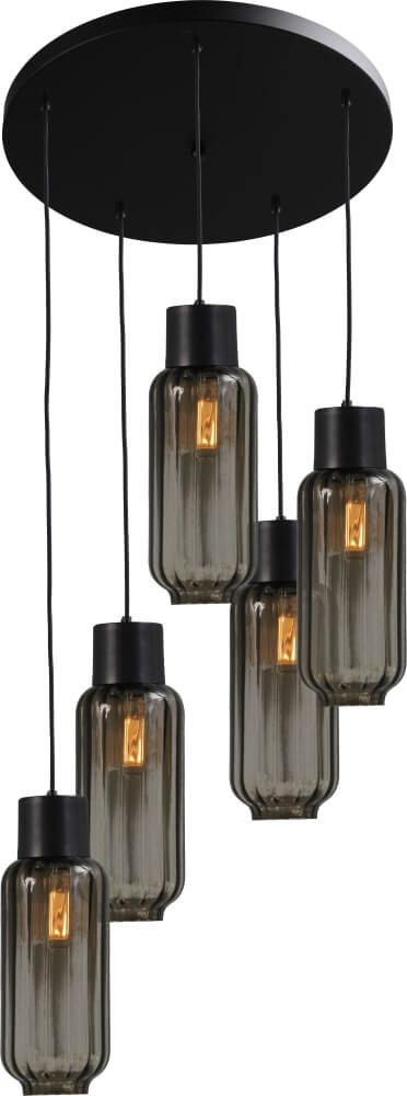 Masterlight Zwarte design hanglamp Lett ll 5-lichts smoke glas - 2157-05-05-50-5