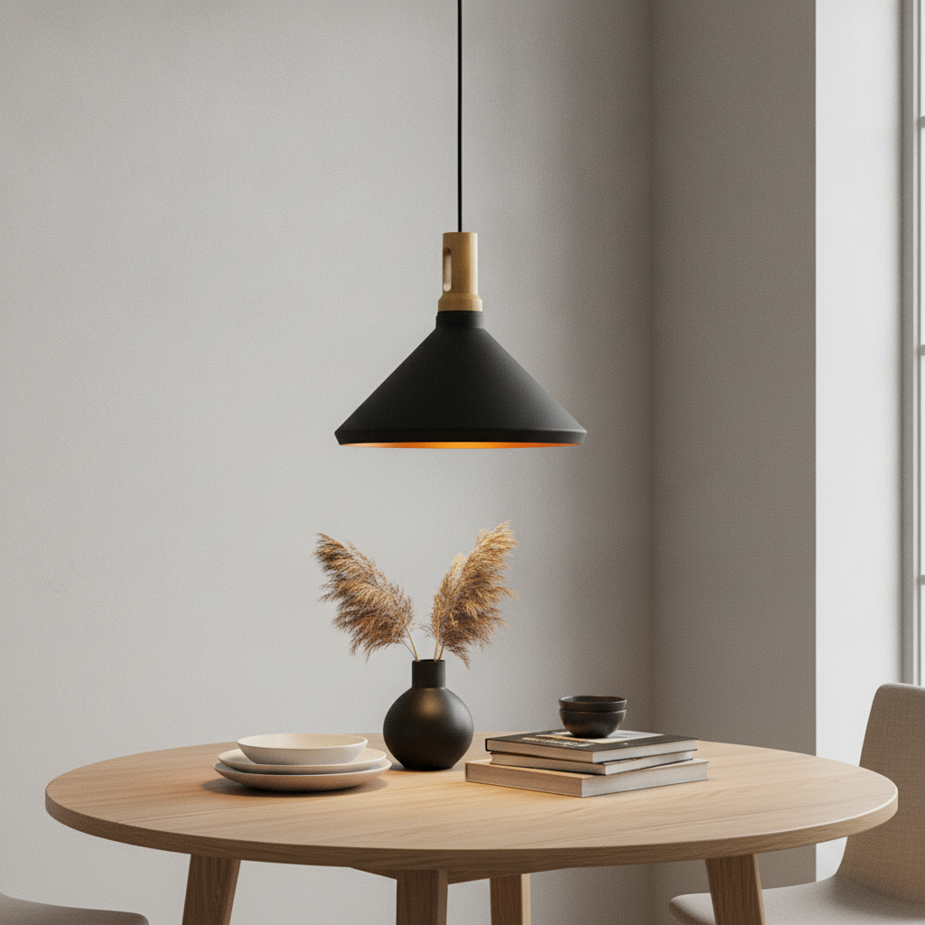 Artdelight Strakke hanglamp Cornet Ø 41cm zwart met hout - HL 1999 ZW