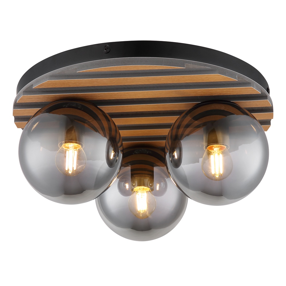 Globo Plafondlamp Parsons 3-lichts zwart met hout - 54343-3