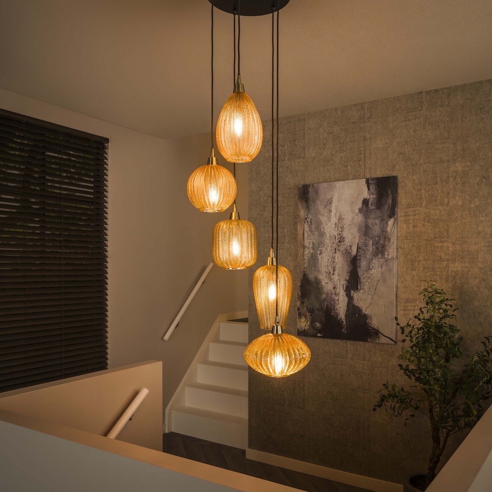 Lyora Eetkamer hanglampV-Shape 5-lichts - geribbeld glas - 7079/39A