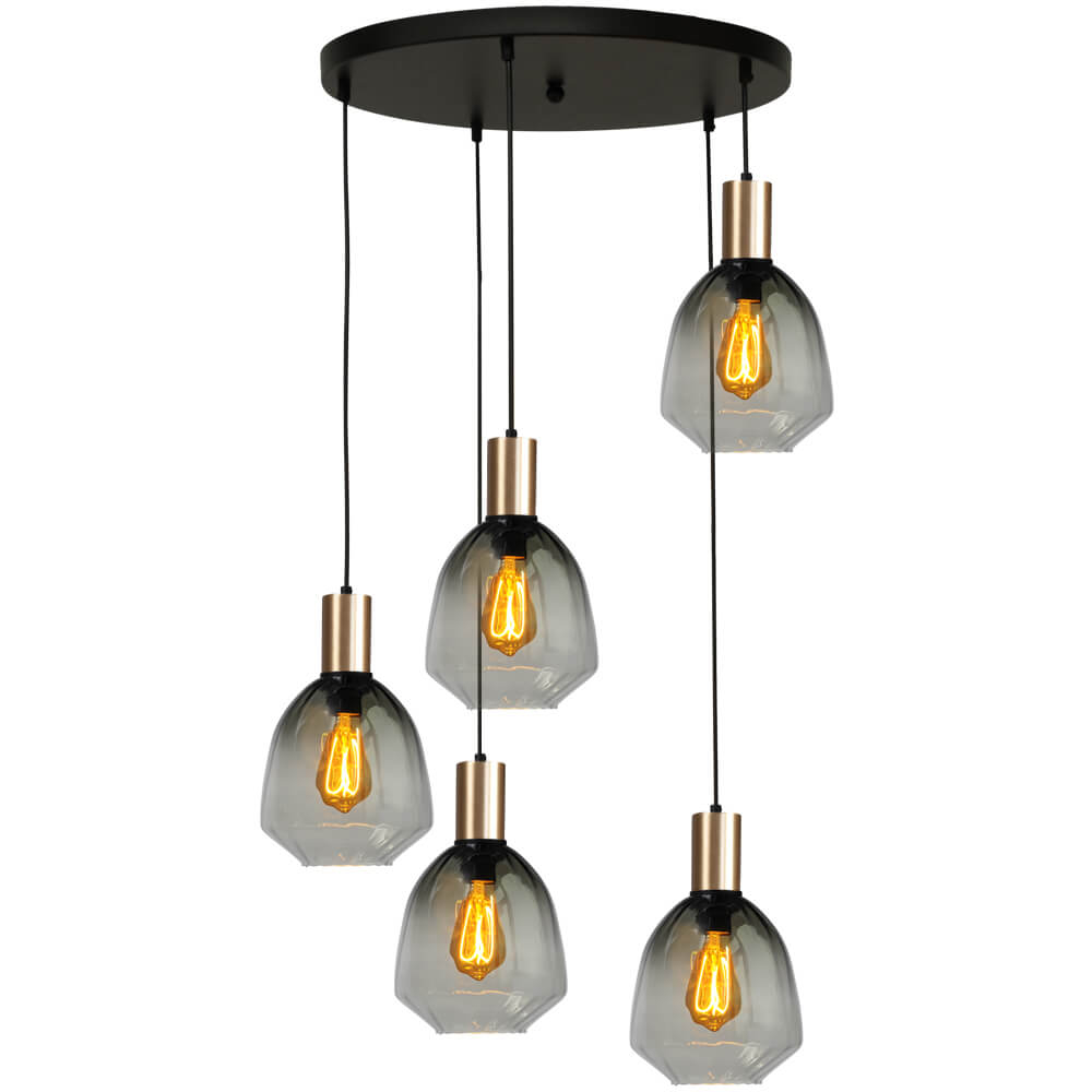 Masterlight 5-lichts vide hanglamp - goud - Porto met Nicolette green glazen - 2712-05-02-50-5-14