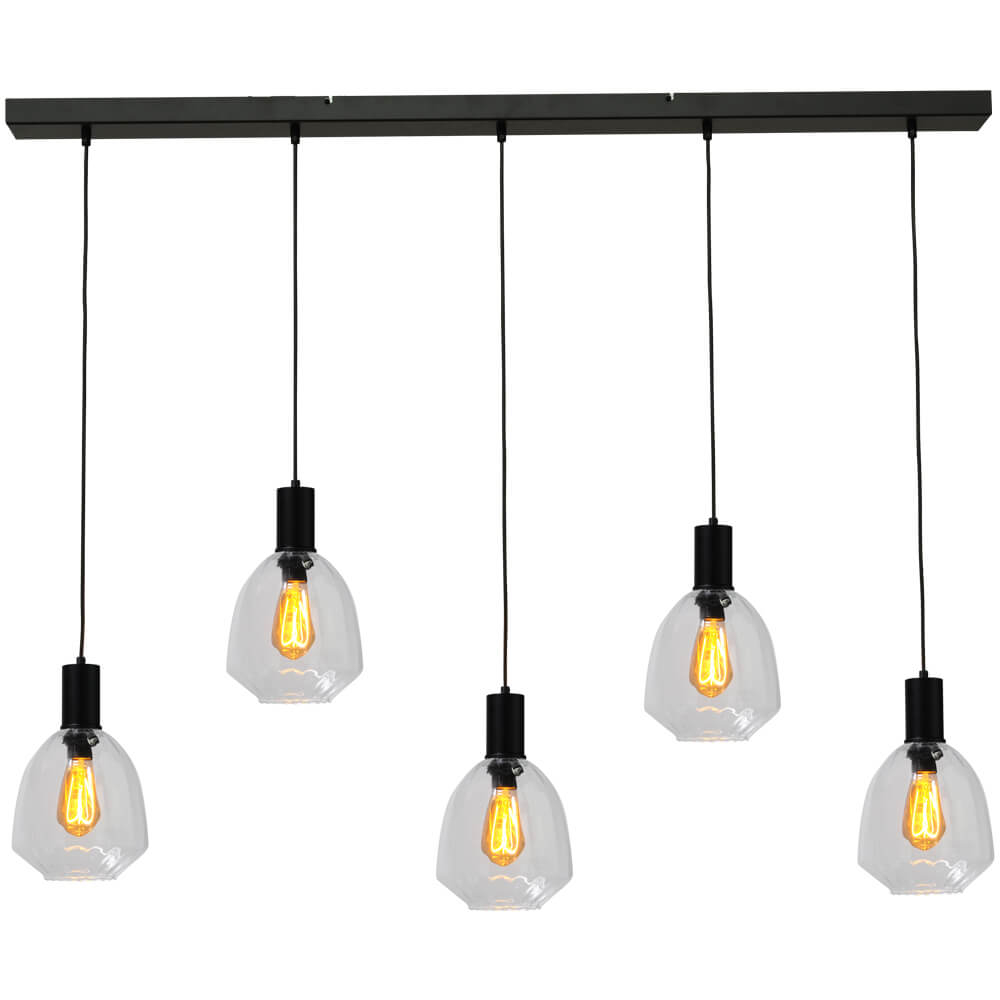 Masterlight 5-lichts hanglamp - zwart - Porto met Nicolette clear glazen - 2711-05-05-130-5-12